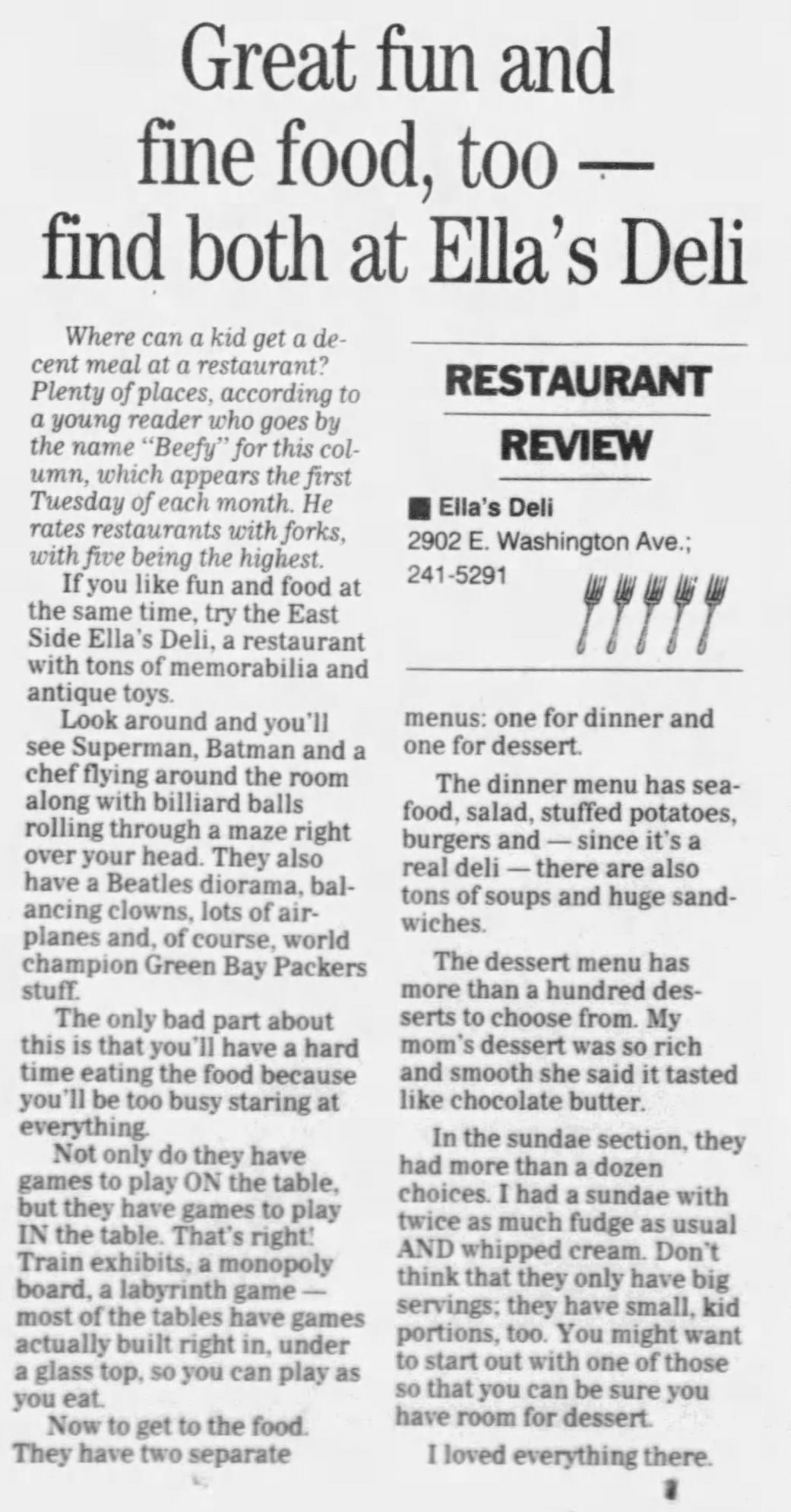 Kid's review of Ella's, 1998